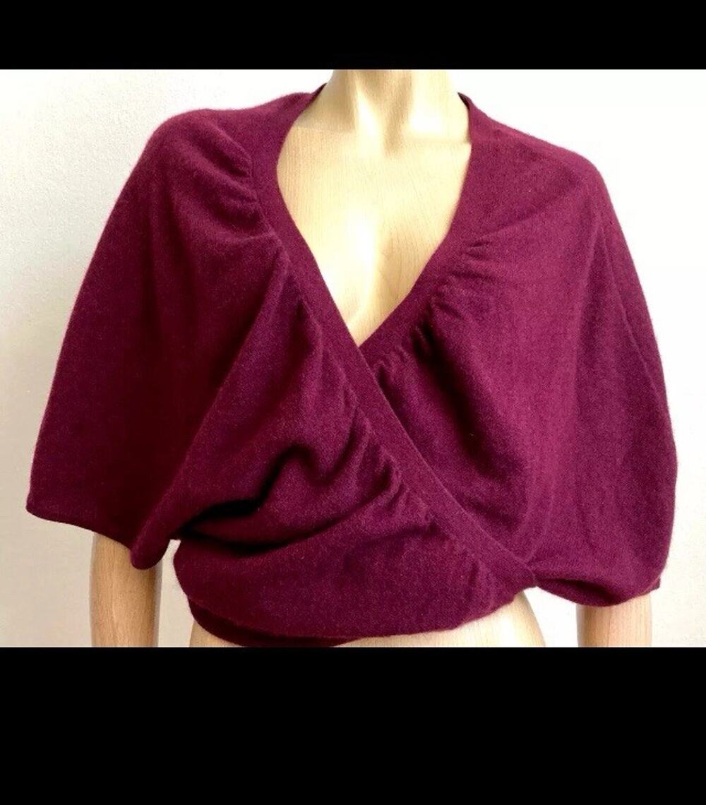 Cashmere Crossover Wrap Burgundy Sweater 3/4 Dolman Sleeve Women's Size M